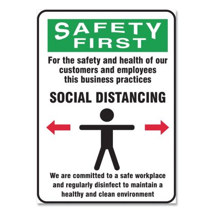 Social Distance Signs, Wall, 10 x 14, Customers and Employees Distancing Clean Environment, Humans/Arrows, Green/White, 10/PK1