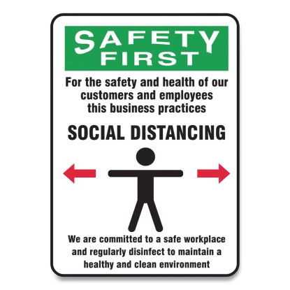 Social Distance Signs, Wall, 7 x 10, Customers and Employees Distancing Clean Environment, Humans/Arrows, Green/White, 10/PK1