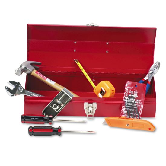 16-Piece Light-Duty Office Tool Kit, Metal Box, Red1