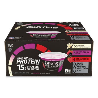 Triple Zero Blended Greek Nonfat Yogurt, 5.3 oz, Strawberry/Mixed Berry/Vanilla, 18/Box, Delivered in 1-4 Business Days1