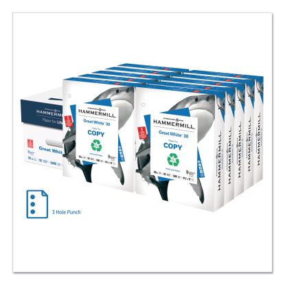 Great White 30 Recycled Print Paper, 92 Bright, 3Hole, 20 lb Bond Weight, 8.5 x 11, White, 500 Sheets/Ream, 10 Reams/Carton1