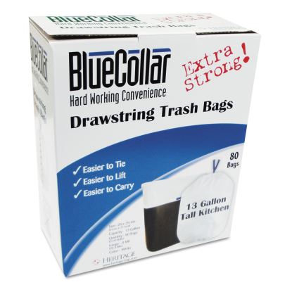 Drawstring Trash Bags, 13 gal, 0.8 mil, 24" x 28", White, 80/Box1