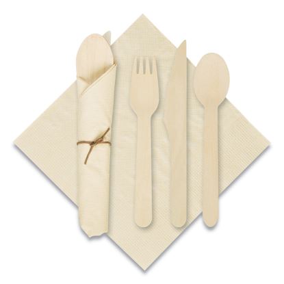 Pre-Rolled Caterwrap Kraft Napkins with Wood Cutlery, 6 x 12 Napkin;Fork;Knife;Spoon, 7" to 9", Kraft, 100/Carton1