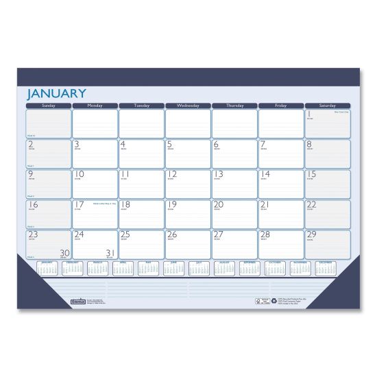 Recycled Contempo Desk Pad Calendar, 22 x 17, White/Blue Sheets, Blue Binding, Blue Corners, 12-Month (Jan to Dec): 20221