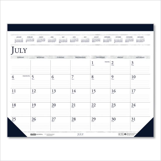 Recycled Academic Desk Pad Calendar, 18.5 x 13, White/Blue Sheets, Blue Binding/Corners, 14-Month (July to Aug): 2021 to 20221