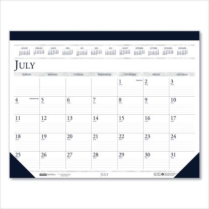 Recycled Academic Desk Pad Calendar, 22 x 17, White/Blue Sheets, Blue Binding/Corners, 14-Month (July to Aug): 2022 to 20231