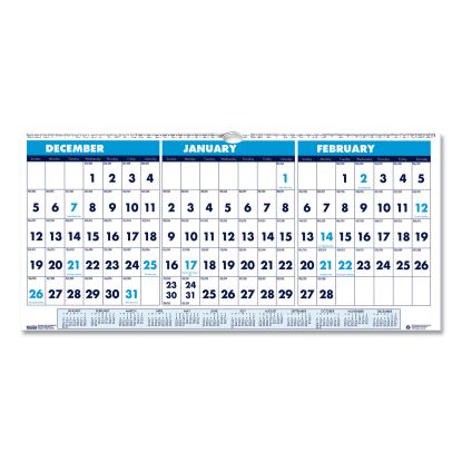 Recycled Three-Month Format Wall Calendar, Horizontal Orientation, 17 x 8, White Sheets, 14-Month (Dec to Jan): 2022 to 20241