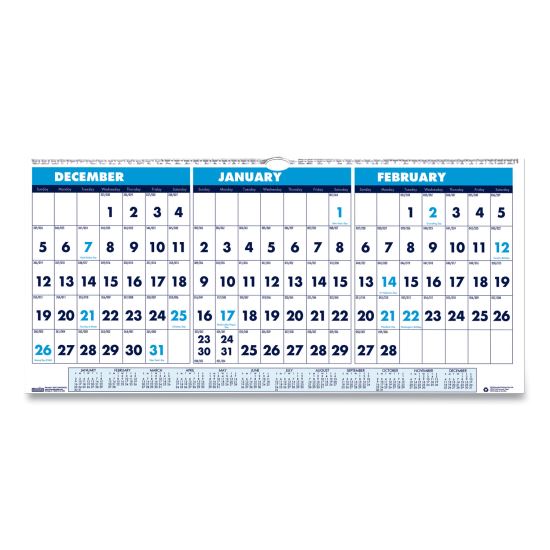 Recycled Three-Month Format Wall Calendar, Horizontal Orientation, 23.5 x 12, White Sheets, 14-Month (Dec-Jan): 2021-20231