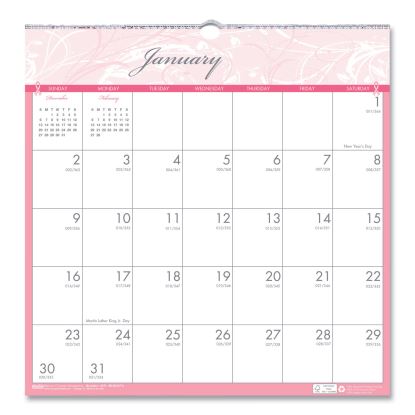 Recycled Monthly Wall Calendar, Breast Cancer Awareness Artwork, 12 x 12, White/Pink/Gray Sheets, 12-Month (Jan-Dec): 20221