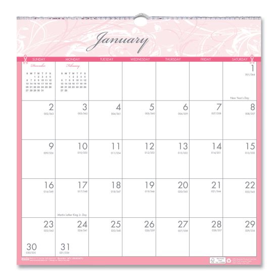 Recycled Monthly Wall Calendar, Breast Cancer Awareness Artwork, 12 x 12, White/Pink/Gray Sheets, 12-Month (Jan-Dec): 20231