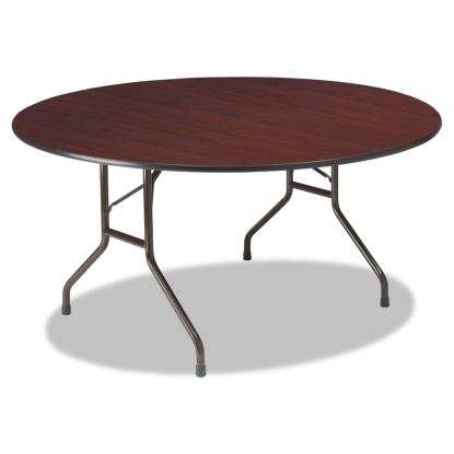 OfficeWorks Wood Folding Table, 60" dia x 29"h, Mahogany Top, Gray Base1