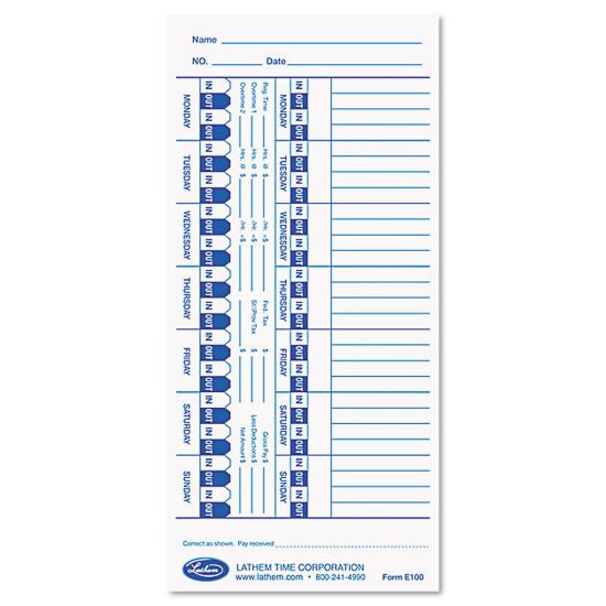Time Clock Cards for Lathem Time E Series, One Side, 4 x 9, 100/Pack1