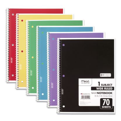 Spiral Notebook, 3-Hole Punched, 1 Subject, Wide/Legal Rule, Randomly Assorted Covers, 10.5 x 7.5, 70 Sheets1