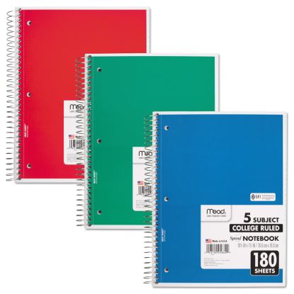 Spiral Notebook, 5 Subject, Medium/College Rule, Randomly Assorted Covers, 10.5 x 8, 180 Sheets1
