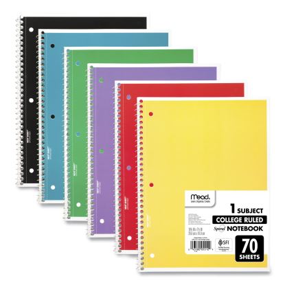Spiral Notebook, 1 Subject, Medium/College Rule, Assorted Covers, 10.5 x 8, 70 Sheets, 6/Pack1