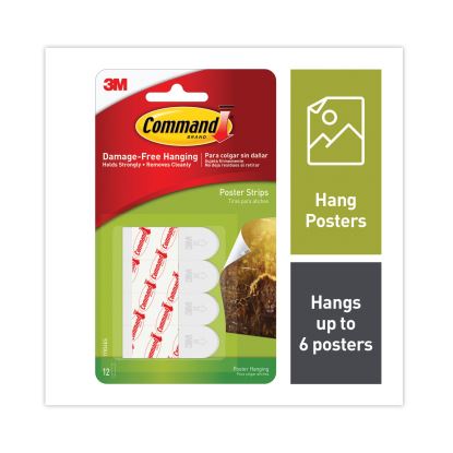 Poster Strips, Removable, Holds up to 1 lb per Pair, 0.63 x 1.75, White, 12/Pack1