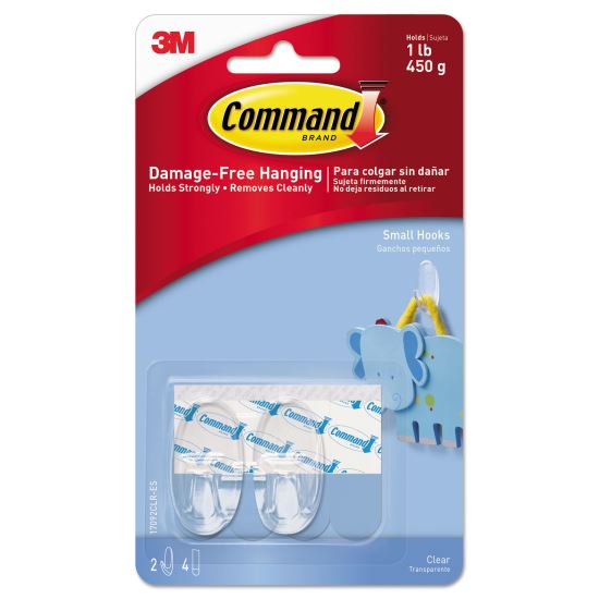 Clear Hooks and Strips, Plastic, Small, 2 Hooks and 4 Strips/Pack1