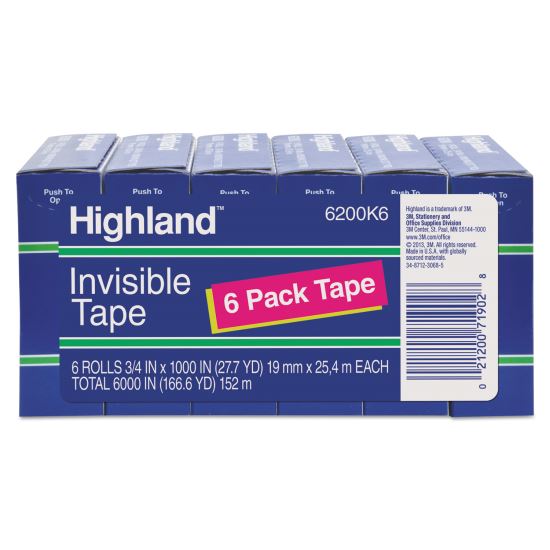 Invisible Permanent Mending Tape, 1" Core, 0.75" x 83.33 ft, Clear, 6/Pack1