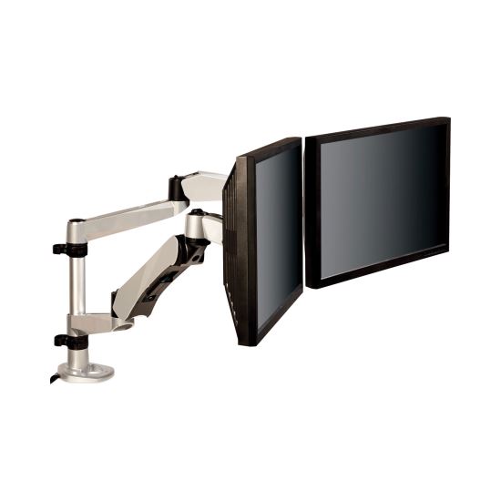 Easy-Adjust Desk Dual Arm Mount for 27" Monitors, 360 deg Rotation, +90/-15 deg Tilt, 360 deg Pan, Silver, Supports 20 lb1