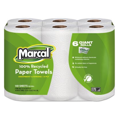 100% Premium Recycled Kitchen Roll Towels, 2-Ply, 11 x 5.5, White, 140/Roll, 6 Rolls/Pack1