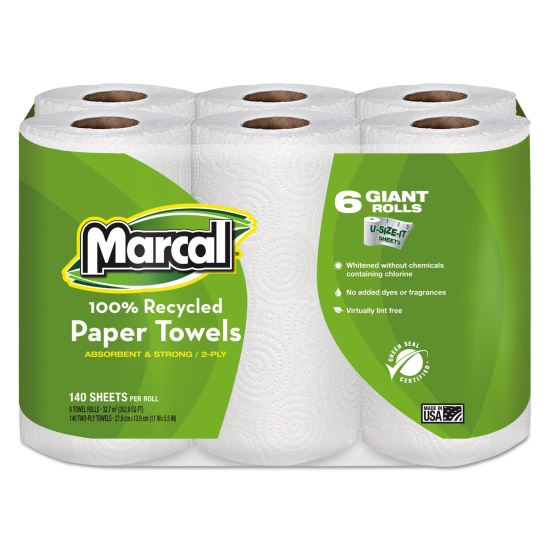 100% Premium Recycled Kitchen Roll Towels, 2-Ply, 11 x 5.5, White, 140/Roll, 6 Rolls/Pack1