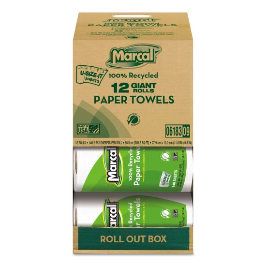 100% Premium Recycled Kitchen Roll Towels, Roll Out Box, 2-Ply, 11 x 5.5, White, 140 Sheets, 12 Rolls/Carton1