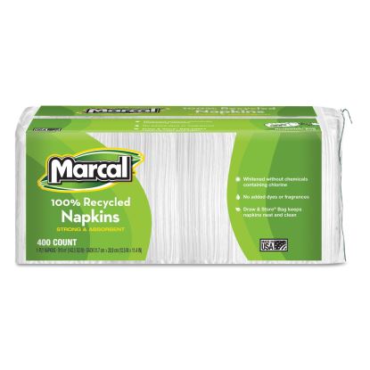 100% Recycled Lunch Napkins, 1-Ply, 11.4 x 12.5, White, 400/Pack1