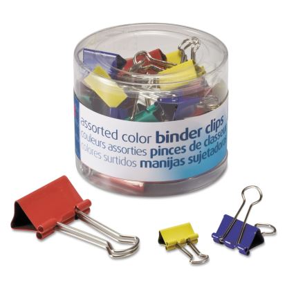 Assorted Binder Clips with Storage Tub, (12) Mini (0.5"), (12) Small (0.75"), (6) Medium (1.25"), Assorted Colors1