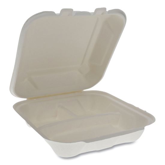 EarthChoice Bagasse Hinged Lid Container, 3-Compartment, Dual Tab Lock, 7.8 x 7.8 x 2.8, Natural, 150/Carton1