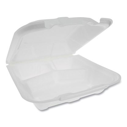 Vented Foam Hinged Lid Container, Dual Tab Lock Economy, 3-Compartment, 9.13 x 9 x 3.25, White, 150/Carton1