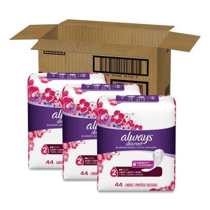 Discreet Incontinence Liners, Very Light Absorbency, Long, 44/Pack, 3 Packs/Carton1