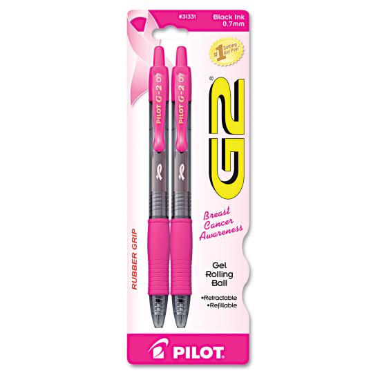 G2 Premium Breast Cancer Awareness Gel Pen, Retractable, Fine 0.7 mm, Black Ink, Translucent Pink Barrel, 2/Pack1