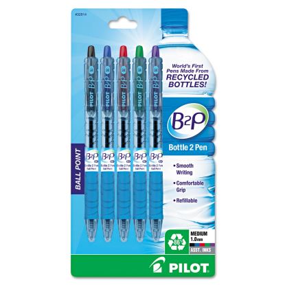 B2P Bottle-2-Pen Recycled Ballpoint Pen, Retractable, Medium 1 mm, Assorted Ink Colors, Translucent Blue Barrel, 5/Pack1