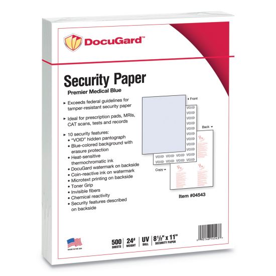 Medical Security Papers, 24 lb Bond Weight, 8.5 x 11, Blue, 500/Ream1