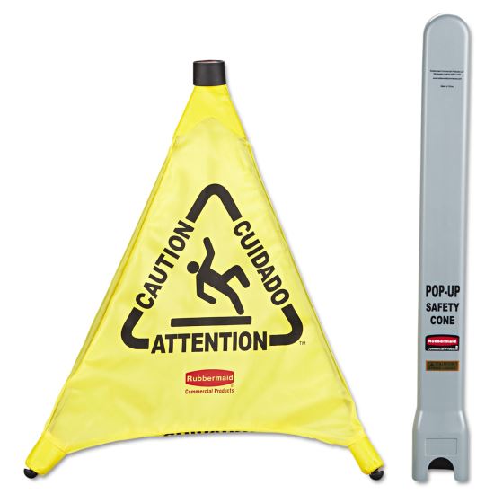 Multilingual Pop-Up Safety Cone, 3-Sided, Fabric, 21 x 21 x 20, Yellow1