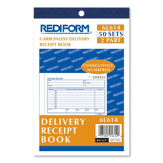 Delivery Receipt Book, Three-Part Carbonless, 6.38 x 4.25, 1/Page, 50 Forms1
