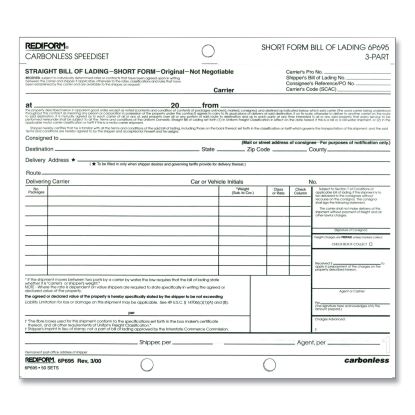 Bill of Lading, Short Form, Three-Part Carbonless, 7 x 8.5, 1/Page, 50 Forms1