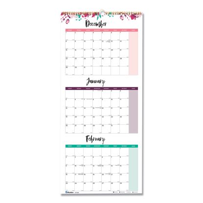 3-Month Wall Calendar, Floral Artwork, 12.25 x 27, White/Multicolor Sheets, 12-Month (Jan to Dec): 20221