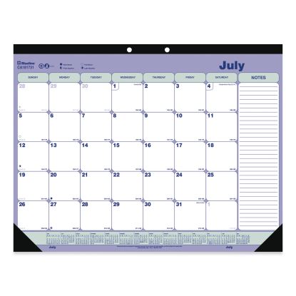 Academic Monthly Desk Pad Calendar, 21.25 x 16, White/Blue/Green, Black Binding/Corners,13-Month (July-July): 2021-20221