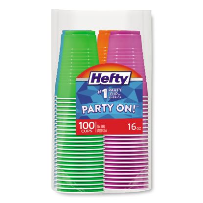 Easy Grip Disposable Plastic Party Cups, 16 oz, Assorted Colors, 100/Pack1