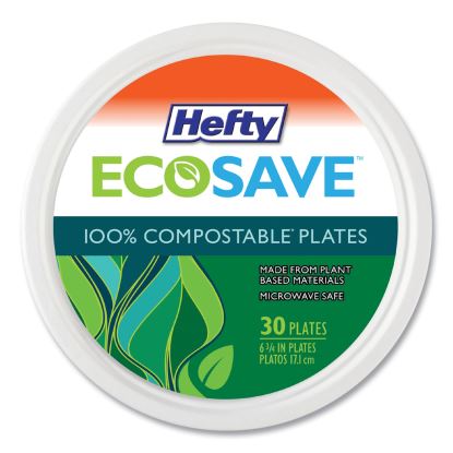 ECOSAVE Tableware, Plate, Bagasse,  6.75" dia, White, 30/Pack1