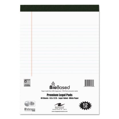 USDA Certified Bio-Preferred Legal Pad, Wide/Legal Rule, 40 White 8.5 x 11.75 Sheets, 12/Pack1