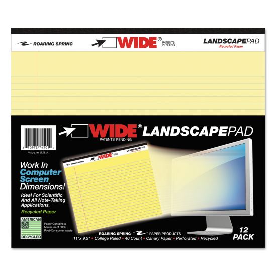 WIDE Landscape Format Writing Pad, Unpunched with Standard Back, Medium/College Rule, 40 Canary-Yellow 11 x 9.5 Sheets1