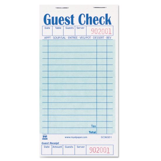 Guest Check Book, 3.5 x 6.7, 1/Page, 50/Book, 50 Books/Carton1