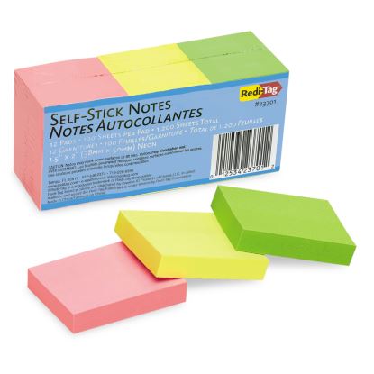 Self-Stick Notes, 1.5" x 2", Assorted Neon Colors, 100 Sheets/Pad, 12 Pads/Pack1