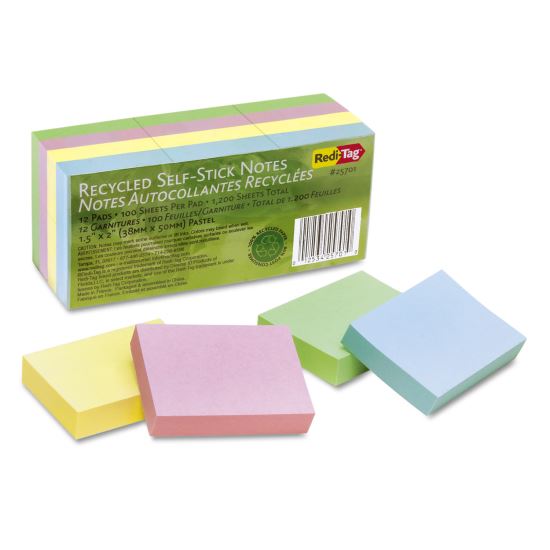 100% Recycled Notes, 1 1/2 x 2, Four Pastel Colors, 12 100-Sheet Pads/Pack1