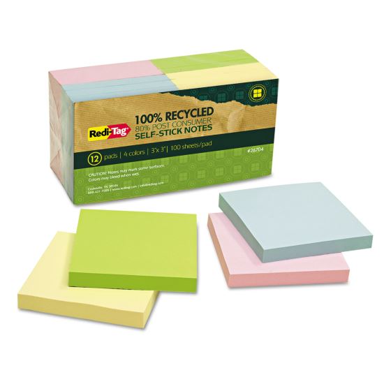 100% Recycled Self-Stick Notes, 3" x 3", Assorted Pastel Colors, 100 Sheets/Pad, 12 Pads/Pack1