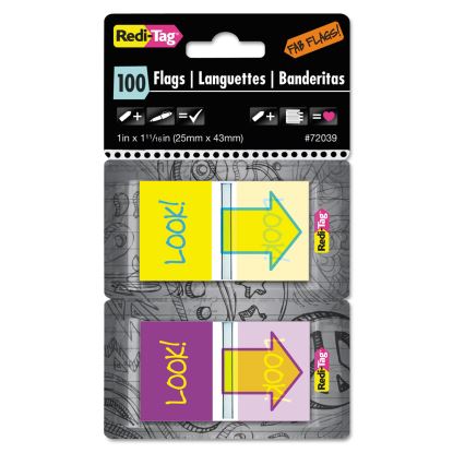 Pop-Up Fab Page Flags w/Dispenser, "Look!", Purple/Yellow; Yellow/Teal, 100/Pack1