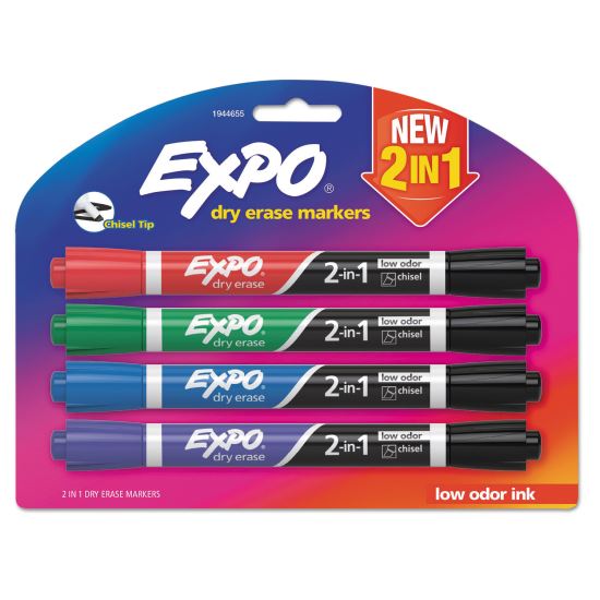 2-in-1 Dry Erase Markers, Fine/Broad Chisel Tips, Assorted Primary Colors, 4/Pack1