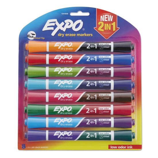 2-in-1 Dry Erase Markers, Fine/Broad Chisel Tips, Assorted Colors, 8/Pack1